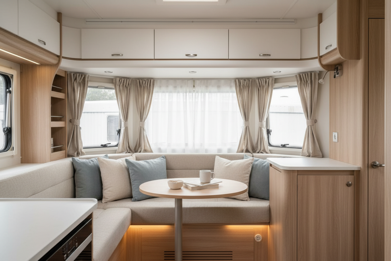 Modern caravan interior with slim Swish Nylonglyde track